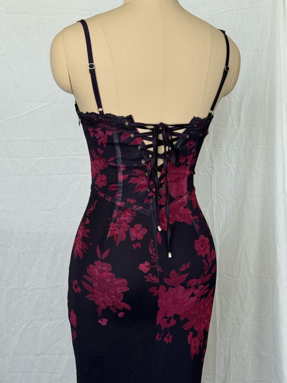 Maxi Corset Dark Purple / Wine Red Floral Lace-Up Bustier Dress - Picture 6 of 9